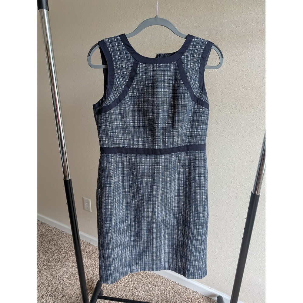 Talbots Womens Blue White Textured Cotton Linen Sheath Dress Size 8 Navy Trim